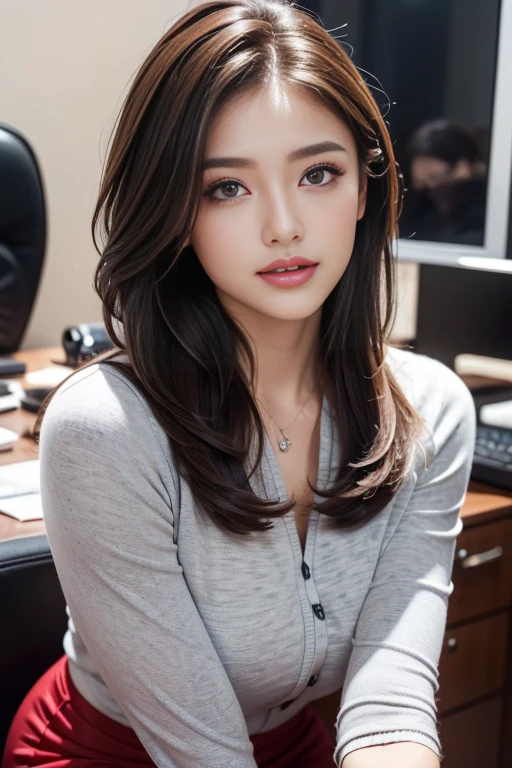 ((Ultimate Beauty))、Mature、Beautiful facial featureig eyes:1.3), Detailed lips, inely detailed beautiful eyes, Double eyelids, long eyeslashes、(Choppy), (Curve), Parted lips, Beautiful teeth alignment, red blush, a captivating gaze、Seductive smile, short brunette bob, masutepiece，（Highest Quality，Hyper-detailing，Fine and detailed eyes and detailed face） allure：brunette color hair，Natural makeup，long hair, sexy secretary outfit,mini skirt,office