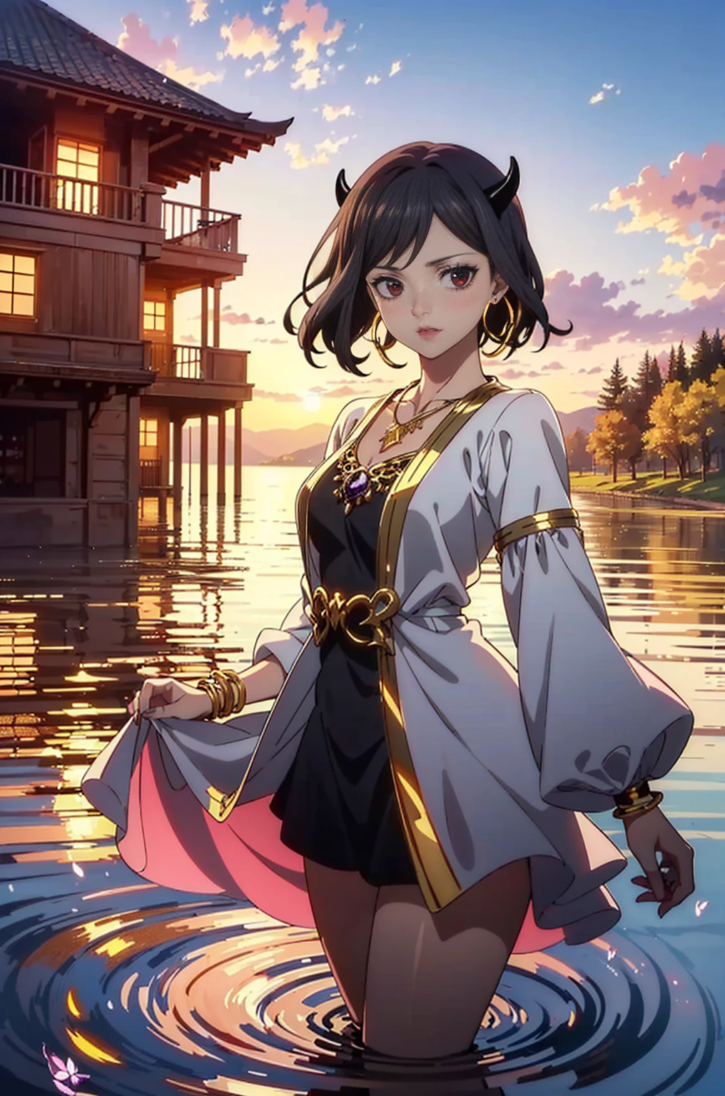 ((1girl, solo ,alone, Nero, Secre Swallowtail, illustration, (anime style, masterpiece, best quality), intricate details, 1girl, alone, Nero, black hair, short hair, red eyes, horns, black dress, black bulls, elegant delicate, reflection, shine, sophisticated, anime, manga, looking at the viewer, feathers)), ((solo, 1woman, pink lipstick, Extremely detailed, ambient soft lighting, 4k, perfect eyes, a perfect face, perfect lighting, a 1girl)), austere, ((white dress, black dress, puffy dress, short dress, long sleeve dress, dress with gold ornament, dress with gold details, on the lake, sunset, houses in the background, water, trees, fine jewelry, bracelets, amethyst necklace, hoop earrings))