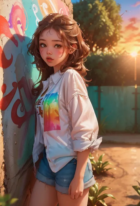 cute girl around 10 years old in front of a wall with graffiti, playful expression, brown hair, dynamic angle, sunset, (cute, lo...