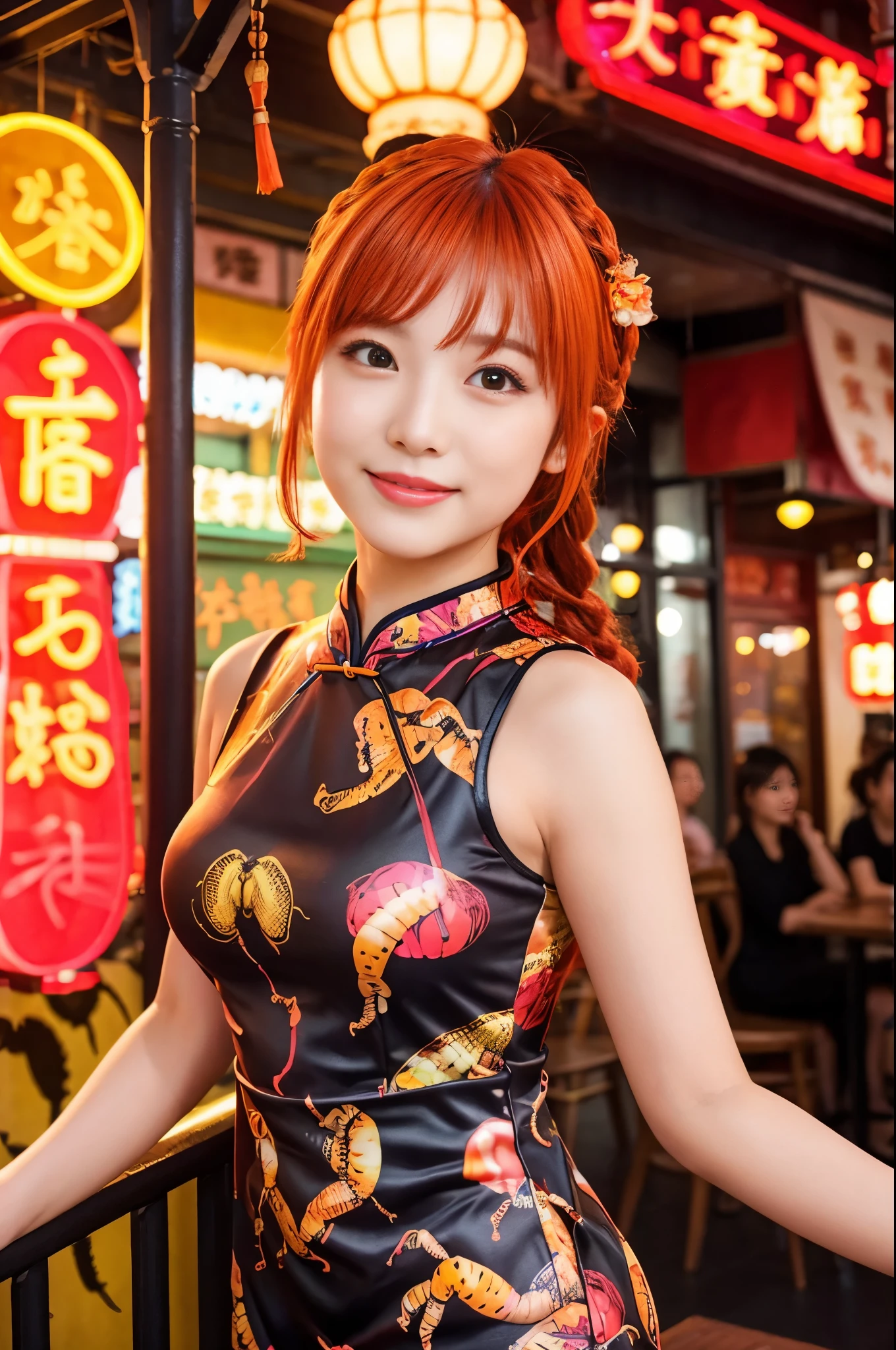 beautiful princess of the city、lipgloss、shy smile、whole body、good style、、、、、Big Scorpion Print Tight Mini Cheongsam Dress、Braid、neon orange hair、Cinematic Light、large chinese restaurant background