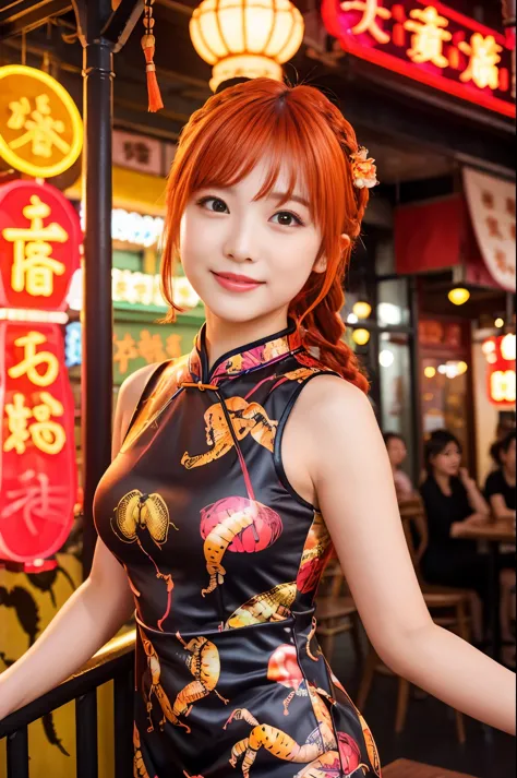 beautiful princess of the city、lipgloss、shy smile、whole body、good style、、、、、big scorpion print tight mini cheongsam dress、braid、...