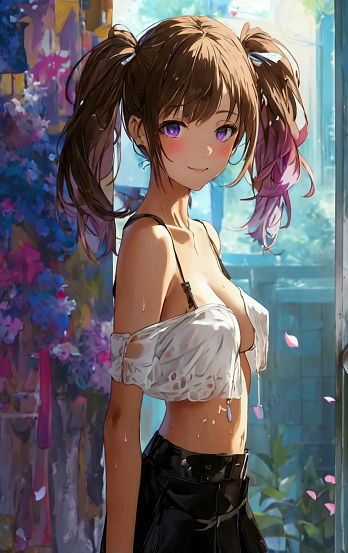 Full body image，anime，(masterpiece: 1.2, Highest quality), (Intricate details), 1. Female, alone, Standing，The ability to steal someone else&#39;s face, casual, Shoulder-length hair, Low twin tails，Brown Hair，Purple demon eyes，Minimal makeup, Natural materials, Other Faces, I&#39;m happy to get a cute face，satisfaction，smile, Home, A face stolen from someone else, Blue eyes, Large Breasts, Black knee socks，mini skirt，{{A woman who liked her face so much that she took the skin off her face and made it her own}}，Different hairstyle，different breast size, different clothes，Super detailed，Ultra-detailed，Official Art，Realistic Movement，masterpiece，front, NSFW