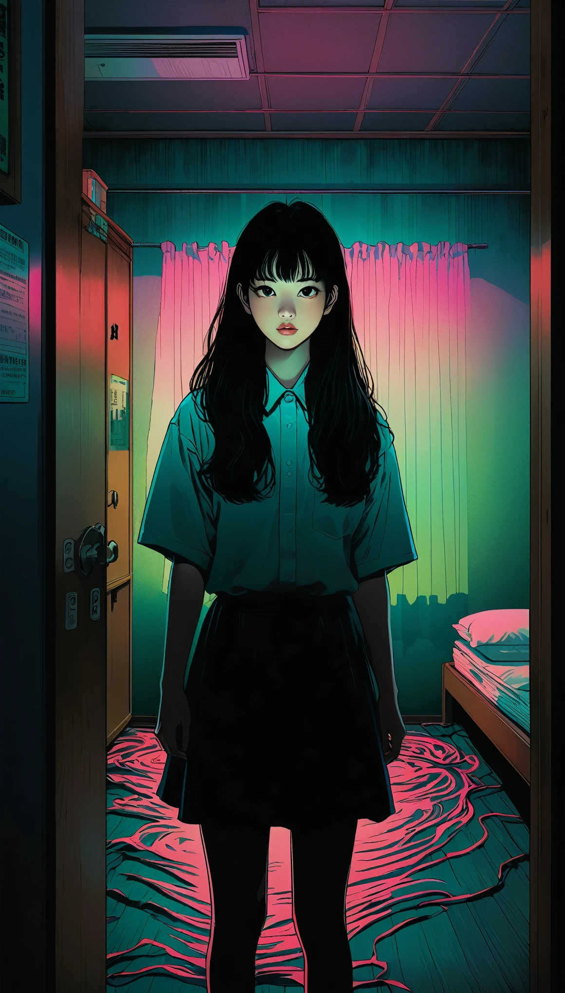 An illustration、art、80s Thai horror movie poster, Supervised by Junji Ito、(high school student:1.25)、evening、Japanese-style room、Attention to detail, Realistic Shadows、Analog Style, chromatic aberration, Surrealism、Complementary Gradient