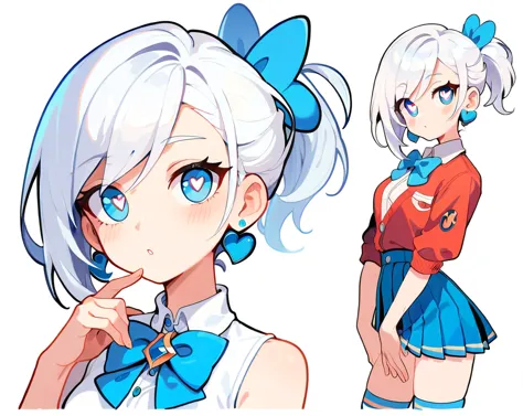 character design, character diagram, multiple views, single ponytail from side, blue wide david, genderswap (otm)，white hair，1 b...