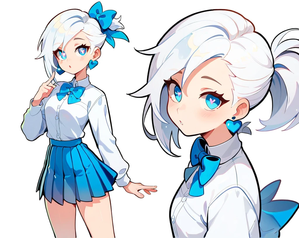 Character design, character diagram, multiple views, single ponytail from side, blue wide David, genderswap (otm)，white hair，1 boy (pseudo mother), alone, looking at viewer, blushing, short hair, blue eyes, shorts, simple background, blue Wide David, hair accessory, white background, bow, jewelry, shut up, whole body, white hair, single ponytail on the left side, earrings, long pleated socks, bow tie, red cliff, symbolic shaped pupils, blue bow, heart shaped pupils，, ImageDesign