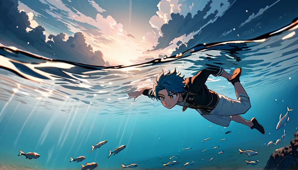 blue-haired, Wavy shoulder-length gold-eyed 17 years old boy, With a black jacket with white details and white pants, Good anatomy, Scenario at the sea, fishes, sea, clouds, calm, Swimming, inside the sea, beautiful, Boku no hero academy style