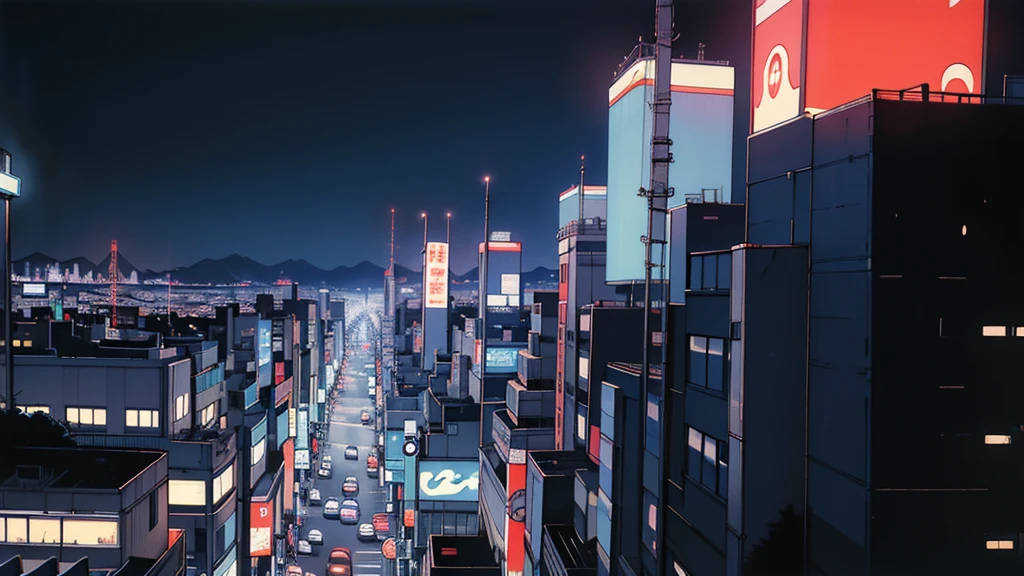 a close up of a city with a mountain in the background, retrofuturism, ukiyo-e, by Sōami, hd anime cityscape, tokyo background, anime style cityscape, anime landscape, anime aesthetic, night view.