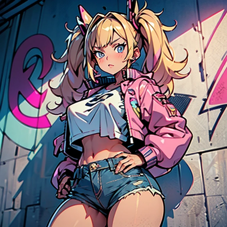 Anime Kawaii sexy Perfect Slim sensual body large breast and huge thighs, An intricate and highly detailed illustration of anime (Young girl)  8K,Ultra Detail,ultra-quality,ultra precision,ultimate masterpiece,GAL,big ,big Thigh,white leather jacket,jeans,twin tail(blond&pink mix),cool Graffiti on the wall,Cyber punk street,