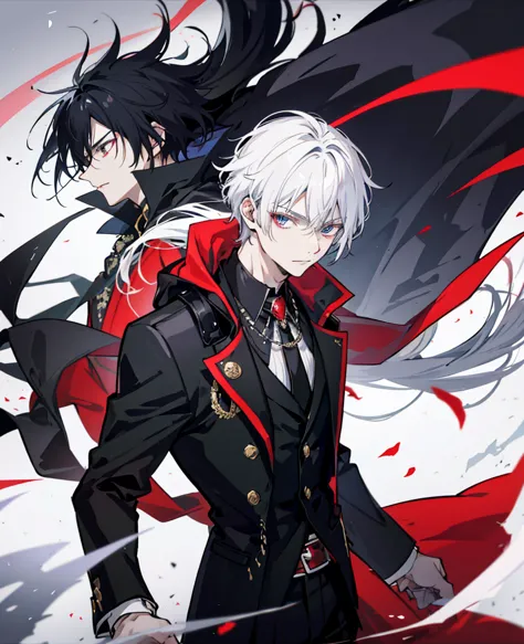 anime style image，man wearing black suit and red cloak, handsome guy in the art of slaying demons, wearing a black noble suit, i...