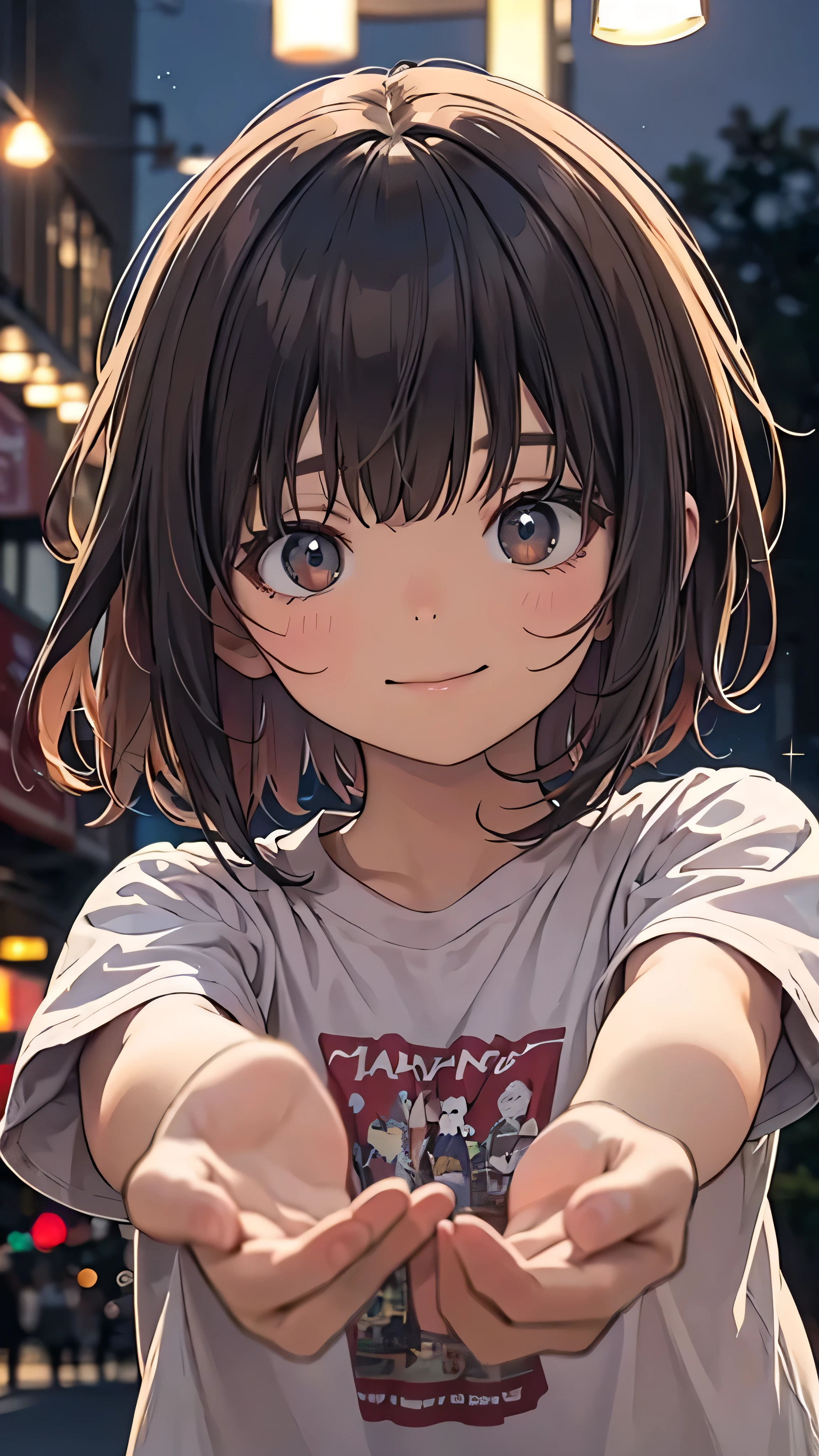 Official Art, wallpaper, Very detailed, (((Very detailedな))), Realistic portraits, (Highest quality, masterpiece, High resolution), (High resolutionスキン: 1.2), 8K Ultra HD, Background Blur, smile, One Woman, (Best Shadow), Absurd, (abyss), Beautiful sparkle, Outdoor, Late Night, Blurred Light, In the Dark, Shining, Blurred Background, Colorful lights shine, Dynamic Angle, Dynamic pose, Whole body shot, 10 years old, Bob Cut Hair