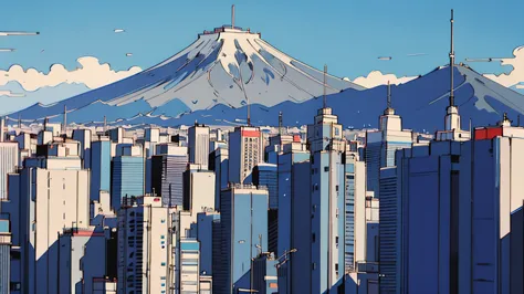 a close up of a city with a mountain in the background, blue sky overlooking the tokyo cityscape, retro, lyco art, a manga drawi...