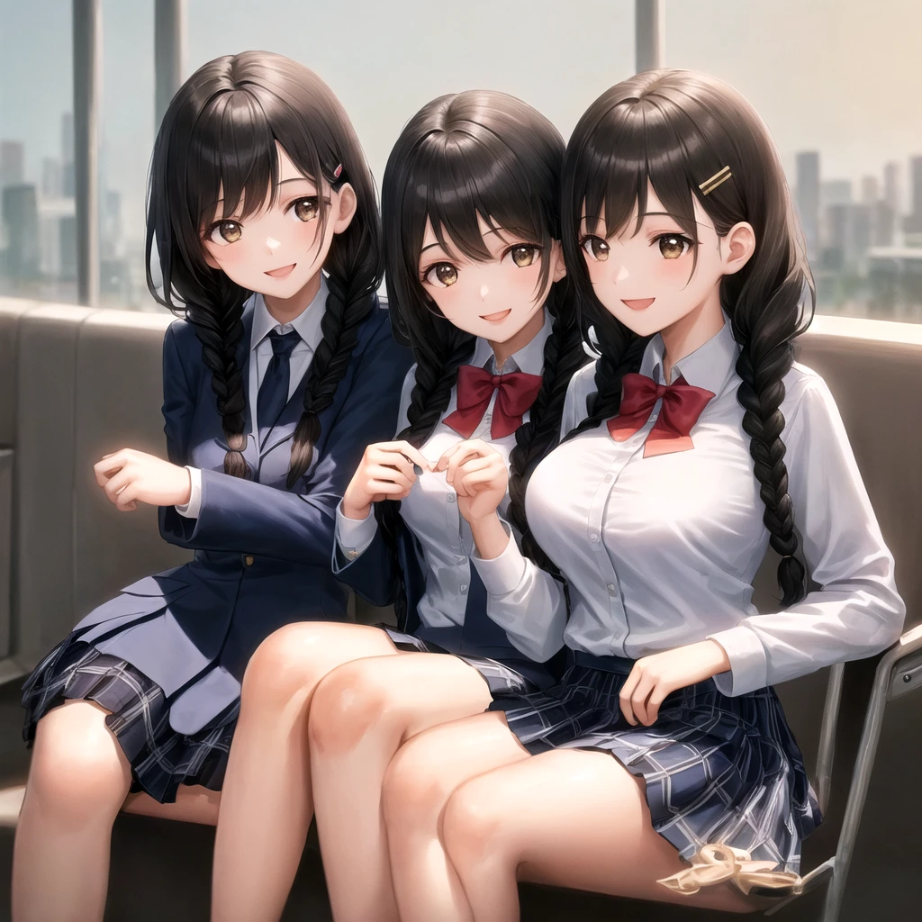 Highest quality, (masterpiece:1.2), Very detailed, Two girls are sitting around the audience, Glossy lips that make you want to kiss them, nice smile, Brown eyes, (((Black Hair))), 15 years old, Long braids, big shiny hair clip, school uniform, Dark blue and navy checkered skirt, Mid-length skirt, White shirt, A gorgeous navy blazer with a gold emblem on the left chest., Big red ribbon on chest, lipstick、Very shiny hair、Laughter、Bright expression、光がIの顔と髪を輝かせます, Drooping eye corners, Cute braids, I&#39;m so happy I can jump up, The expression of a maiden in love, (((Twin braids))), The skirt is made of a beautiful deep blue check pattern.., Staring with an embarrassed expression, double eyelid, ((Long eyelashes)), ((The knees are covered by the skirt)), Shy and timid girl