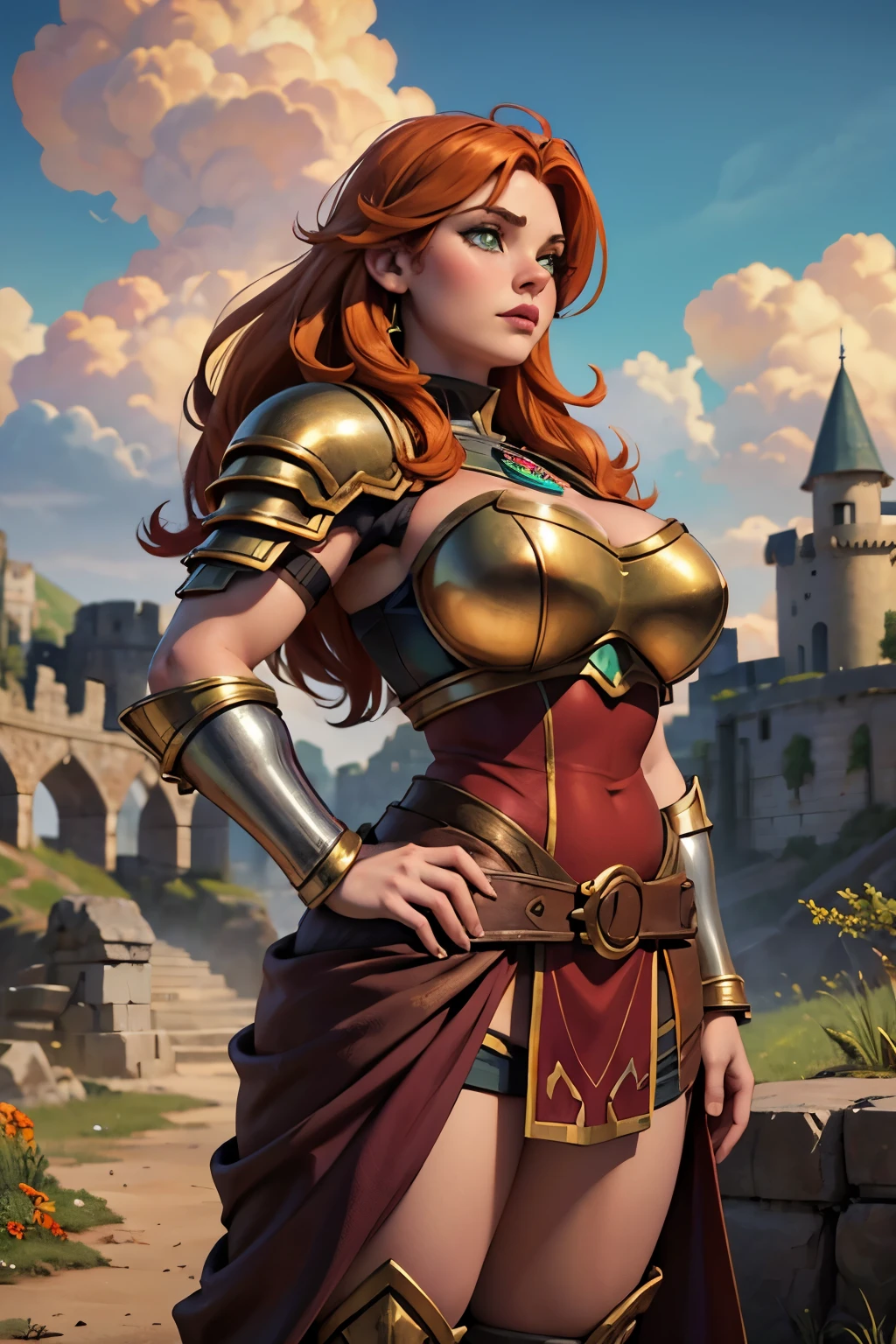 Close up of Dwarven woman, orange hair, maroon armor with gold trim, heavy armor, chubby cheeks, green eyes, 
Castle ruins background,  large broken stones litter the area.  Show her standing with her hands on her hips. super high quality, super high detail, masterpiece, 4k, 8k, HDR, masters of the universe,  vibrant colors,  multicolor sky, colorful clouds 