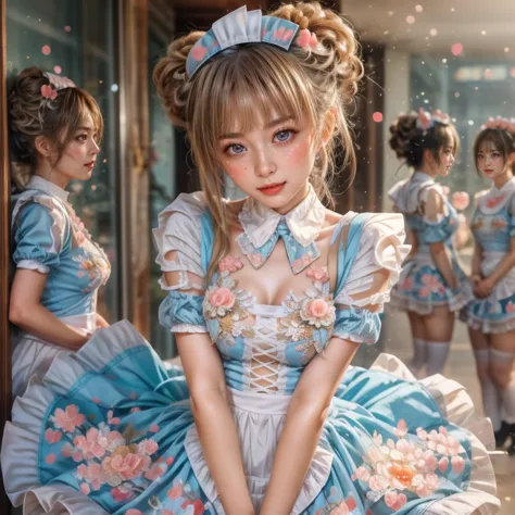 sfw, (extremely detailed((kawaii maid group in a row:1.37))), childish perfect face, reflective eyes, detailed(delicate clothing...