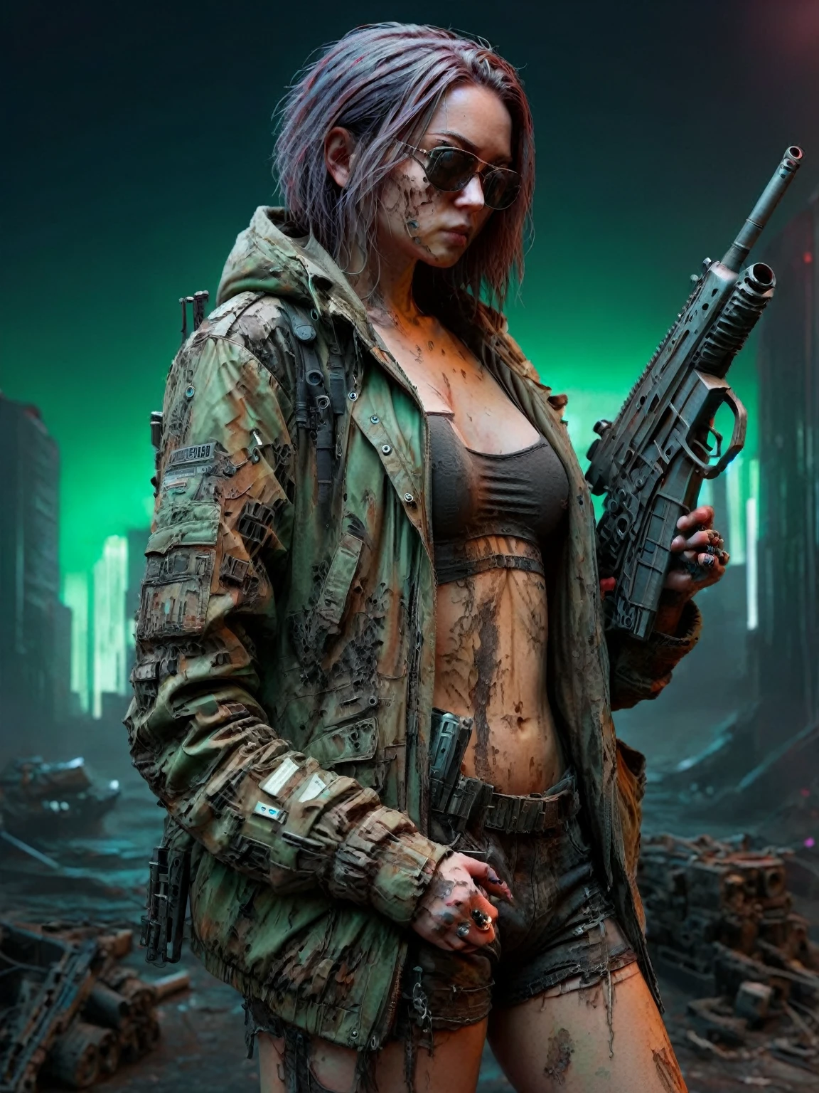 Hermosa chica con pechos pequeños, Usar una chaqueta resistente, por el ancho, Armas de ametralladora en una escena nocturna ciberpunk., Fondo verde rojo cyberpunk