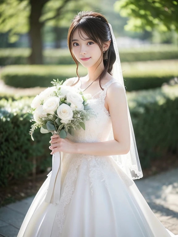 Photo-realistic quality、a woman in a Wedding dress holding a bouquet of flowers、Standing in front of the church、20 year old Japanese model、白のWedding dress,Hanae Mori style wedding dress、Japan idols at 20 years old、lace prom dresses、looking at the camera、Detailed and beautiful eyes、Cute smile、Relaxed and gentle expression、a close up of a woman in a Wedding dress holding a bouquet, Wedding dress, So magical and dreamy、Blur the background a lot、300ｍｍ F2.Shot with 8 lenses