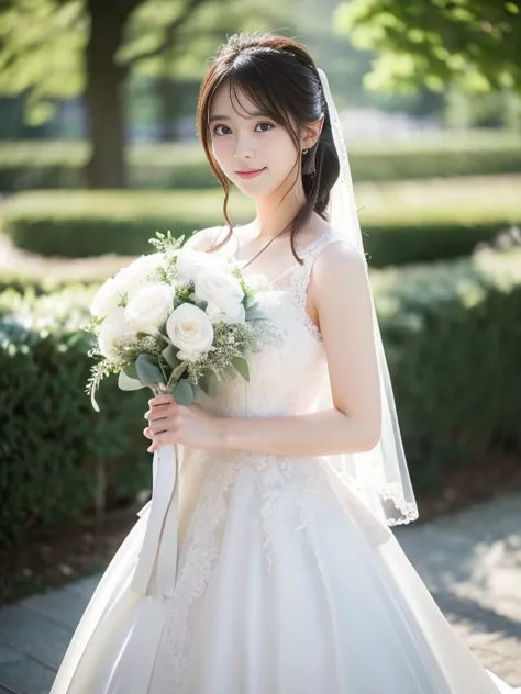 photo-realistic quality、a woman in a wedding dress holding a bouquet of flowers、standing in front of the church、20 year old japa...