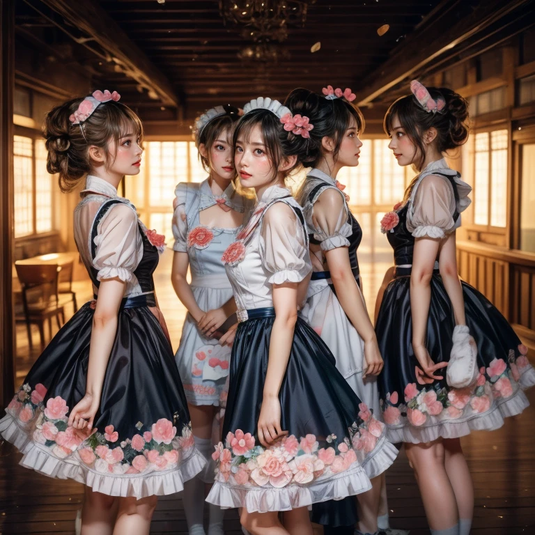 SFW, (Extremely Detailed((Kawaii Maid Group in a row:1.37))), Childish perfect face, Reflective Eyes, Detailed(Delicate Clothing textures), Dynamic Joyful Expressions LifeLike Rendering, (Specular Reflection:0.2), TopQuality 8K Ultra-detailed masterpiece (ProfessionalPhoto:1.37), (Acutance:0.8), (Luminism:1.28), (Renaissance art style), (Light particles:0.75), (Muscle:-0.5), ((Full body from side)) 