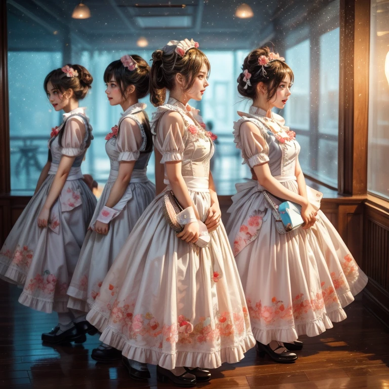 SFW, (Extremely Detailed((Kawaii Maid Group in a row:1.37))), Childish perfect face, Reflective Eyes, Detailed(Delicate Clothing textures), Dynamic Joyful Expressions LifeLike Rendering, (Specular Reflection:0.2), TopQuality 8K Ultra-detailed masterpiece (ProfessionalPhoto:1.37), (Acutance:0.8), (Luminism:1.28), (Renaissance art style), (Light particles:0.75), (Muscle:-0.5), ((Full body from side)) 