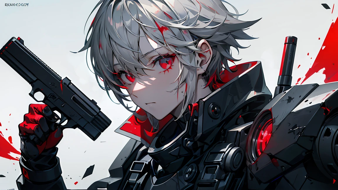 Handgun、((Aim the gun at the camera))、((Upper Body))、((Gray Hair))、((Photograph from the front))、(((((gun))))),((((Pointing the gun this way))))（Covered in blood）、Clothes full of scratches、((Scarred Face))、Red-black eyes、Detailed eyes、Scorched black clothes、((Detailed hands))、high resolution、Detailed picture、Beautiful painting、Cold look、masterpiece, best quality, detailed beautiful face and eyes,detailed beautiful face,and eyes