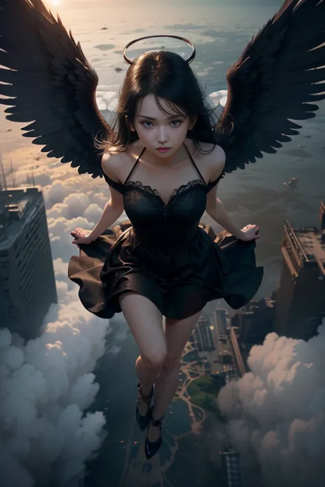 (((flying in the sky:1.2)))(masterpiece, best quality, detailed photo), (1girl, black hair, angel of death, brown eyes, dark ang...