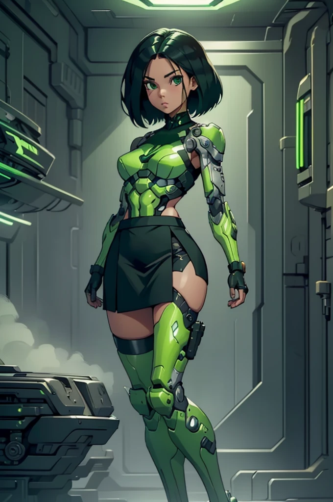 a handsome, Youngh, barefoot cyborg woman, wearing cyber tech black, green and white armor with skirt, arm and leg prostheses , with short, light, shoulder-length hair, in a futuristic room.