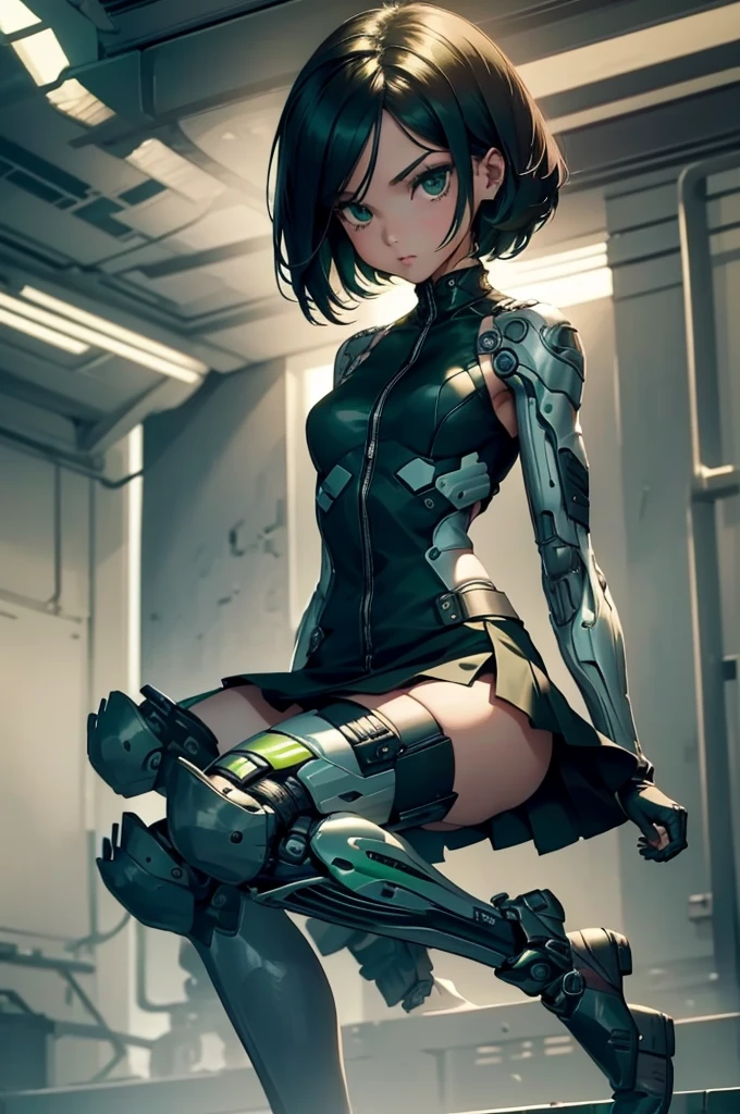 a handsome, Youngh, barefoot cyborg woman, wearing cyber tech black, green and white armor with skirt, arm and leg prostheses , with short, light, shoulder-length hair, in a futuristic room.