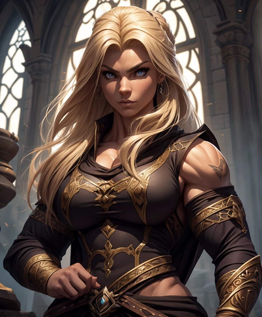 (((Muscular female bodybuilder as a fantasy character who looks like fbb blonde muscular Megan Avalon.))) (((She wears medieval fantasy attire.))) 18 years old. 18yo. This is a fantasy character portrait. Design a dangerous and sleek female mercenary for a fantasy setting.  This is a ruthless mercenary who is dark and sneaky.  She looks like a femme fatale in leather clothes.  The clothes are black with purple trim and she has a darkly attractive  appearance.  (((The colors in the image are dark and muted.))) Her hair is long and white and in an exotic style. She is powerful, dangerous and a slender and sleek figure in a dark fantasy setting.  Firm breasts.  Alluring appearance.  Seductive.  Dangerously sexy. She wears form-fitting armor, gorgeous face, Dungeons & Dragons character portrait, intricate details, ultra detailed, very intense appearance, ultra detailed clothes, epic masterpiece, ultra detailed, intricate details, award winning, fantasy art concept masterpiece, trending on Artstation, digital art, unreal engine, 8k, ultra HD, centered image,