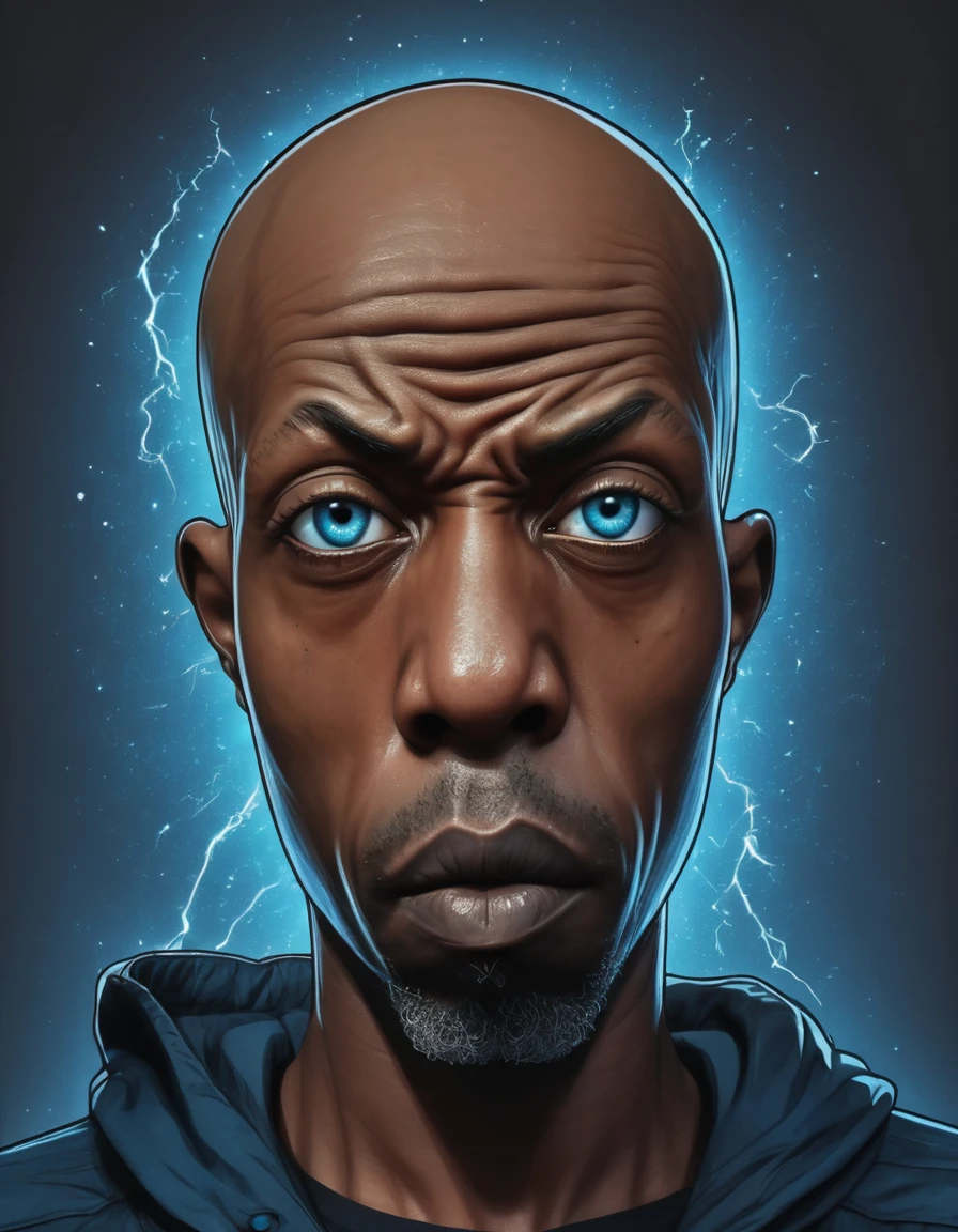 shawt a bald black man, extremely detailed electric blue galactic face, twinkling eyes, mean expression, anastomosing veins, sick, intricate vector illustration, hyperrealistic, masterpiece, 8k, high quality, studio lighting, ultra-detailed, photorealistic, cinematic lighting, vibrant colors, surreal, dramatic, Ivan Albright style