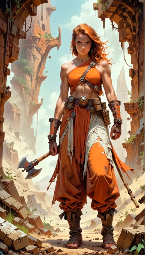 axe-spire dusty brown orange woman standing on the edge of horizon looking at the viewer, sci fi art style of the masters,