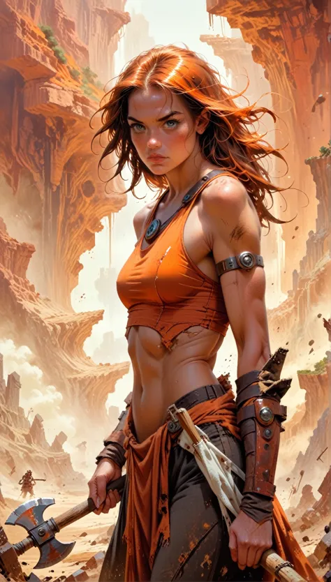 axe-spire dusty brown orange woman standing on the edge of horizon looking at the viewer, sci fi art style of the masters,