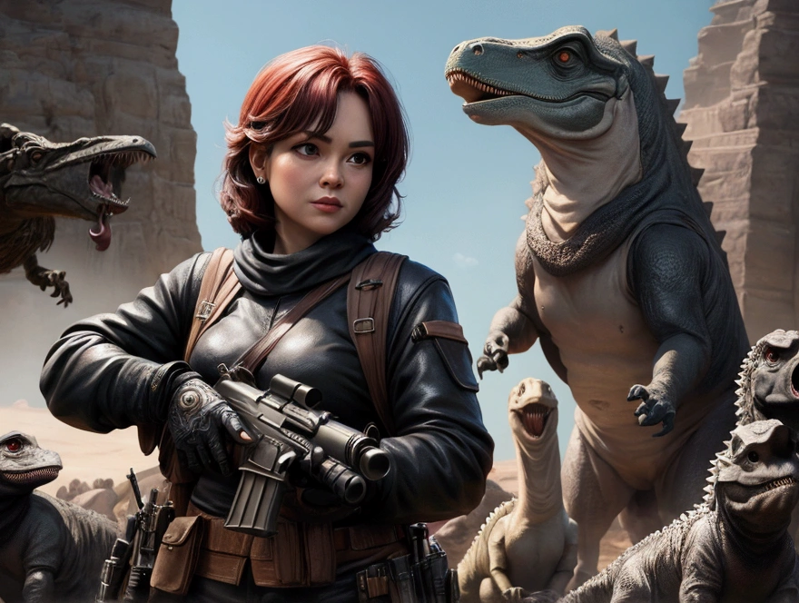 8k, realist, masterpiece, Best Quality, Regina surrounded by dinosaurs, with a gun in his hand