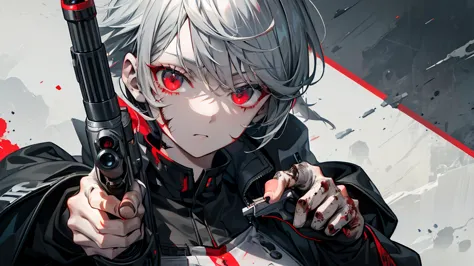 handgun、((aim the gun at the camera))、((upper body))、((gray hair))、(((((gun))))),((((pointing the gun this way))))（covered in bl...