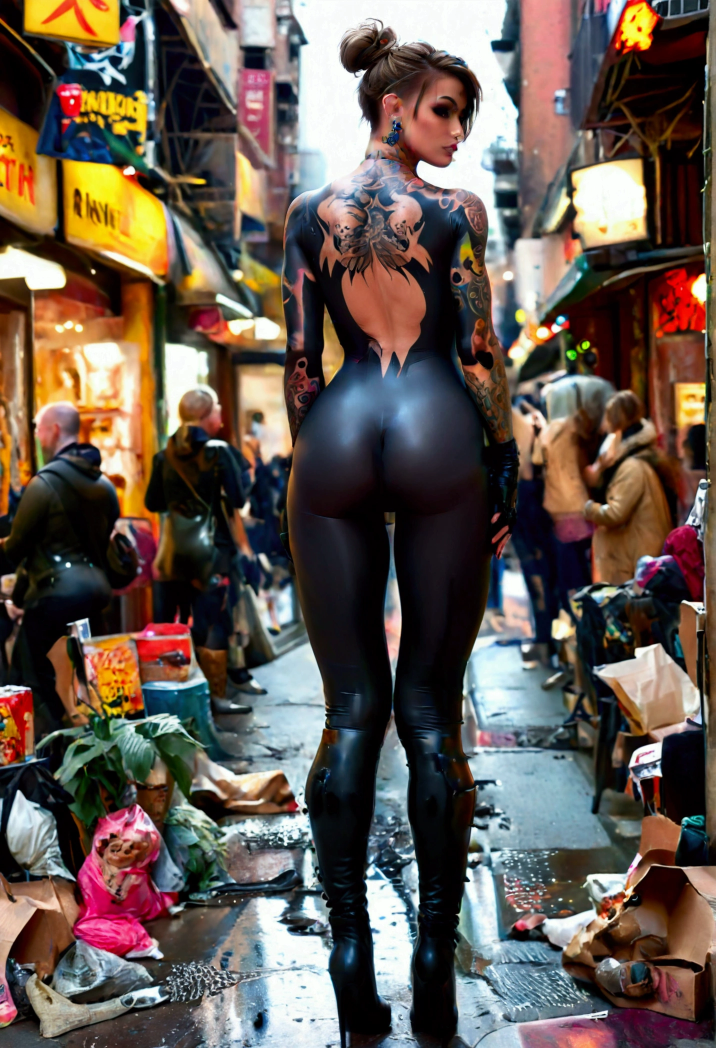 (Whole body:1.4), Heavily tattooed woman, open thighs, standing with one leg forward, hands behind head pose, crooked grin, contrapposto stance, solo,black high leg bodysuit, second skin bodysuit, dark blonde hair in a messy bun, hazel eyes, skin tight, bare arms, skin-tight boots, thigh high boots, realistic,photorealistic, (correct anatomy), (human anatomy), crowded city street setting