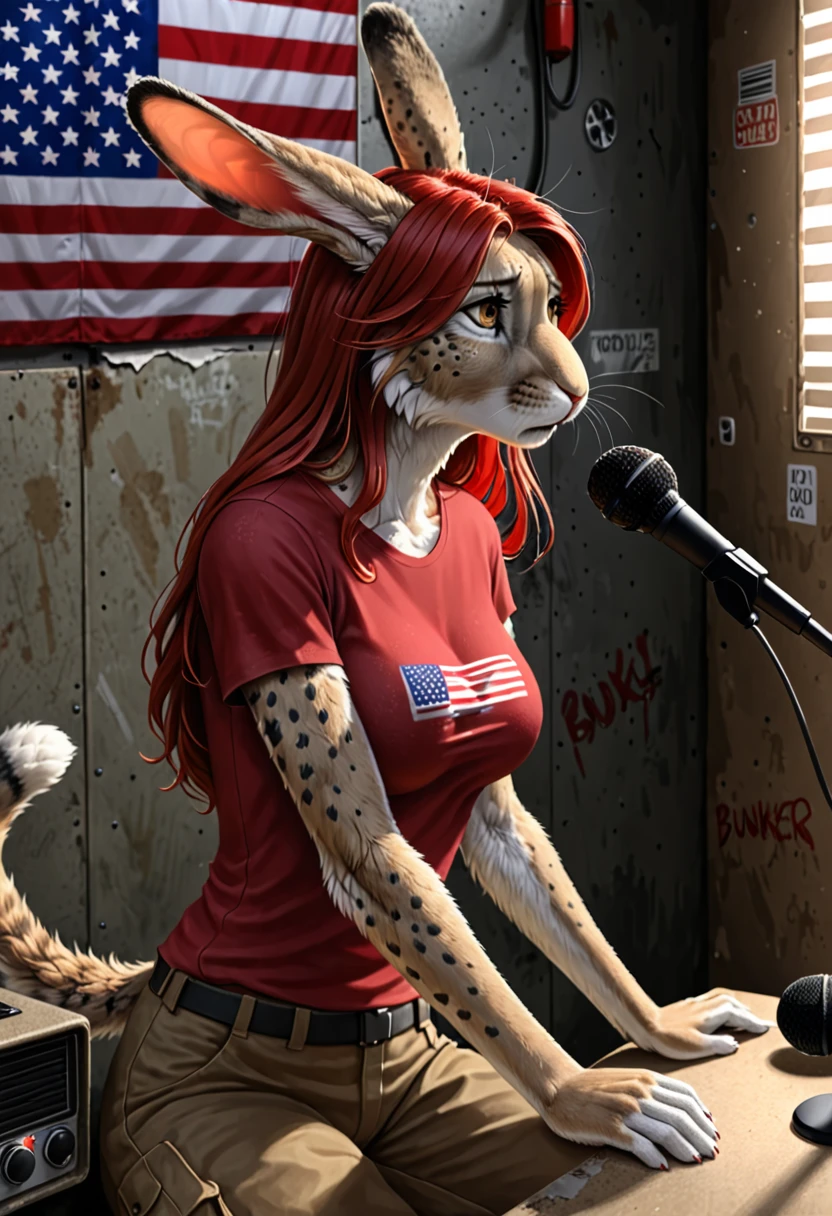 solo, furry, female, anthro, hare-bobcat hybrid, (((light gray spotted fur))), ((long rabbit ears)), ((feline snout)), ((golden brown eyes)), ((long crimson red hair)), (cat tail), (realistic fur body, realistic hair, realistic eyes), tight red t-shirt, large E-cup size breasts, brown cargo pants, bunker, garage, sitting at a radio console, microphone, dim lighting, tattered american flag on wall, From Side, tired, concerned, (talking into microphone)