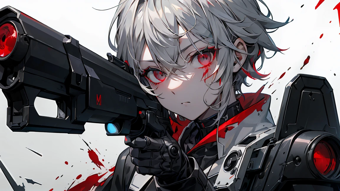 Handgun、((Aim the gun at the camera))、((Upper Body))、((Gray Hair))、((Photograph from the front))、(((((gun))))),((((Pointing the gun this way))))（Covered in blood）、Clothes full of scratches、((Scarred Face))、Red-black eyes、Detailed eyes、Scorched black clothes、((Detailed hands))、high resolution、Detailed picture、Beautiful painting、Cold look、masterpiece, best quality, detailed beautiful face and eyes,detailed beautiful face,and eyes