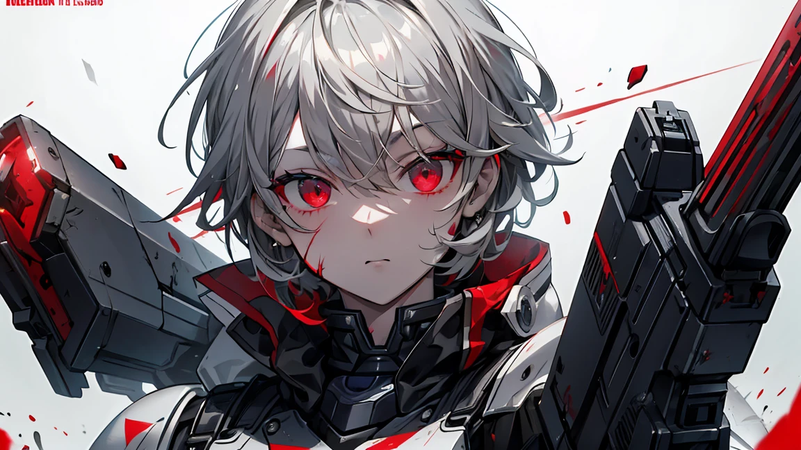 Handgun、((Aim the gun at the camera))、((Upper Body))、((Gray Hair))、((Photograph from the front))、(((((gun))))),((((Pointing the gun this way))))（Covered in blood）、Clothes full of scratches、((Scarred Face))、Red-black eyes、Detailed eyes、Scorched black clothes、((Detailed hands))、high resolution、Detailed picture、Beautiful painting、Cold look、masterpiece, best quality, detailed beautiful face and eyes,detailed beautiful face,and eyes