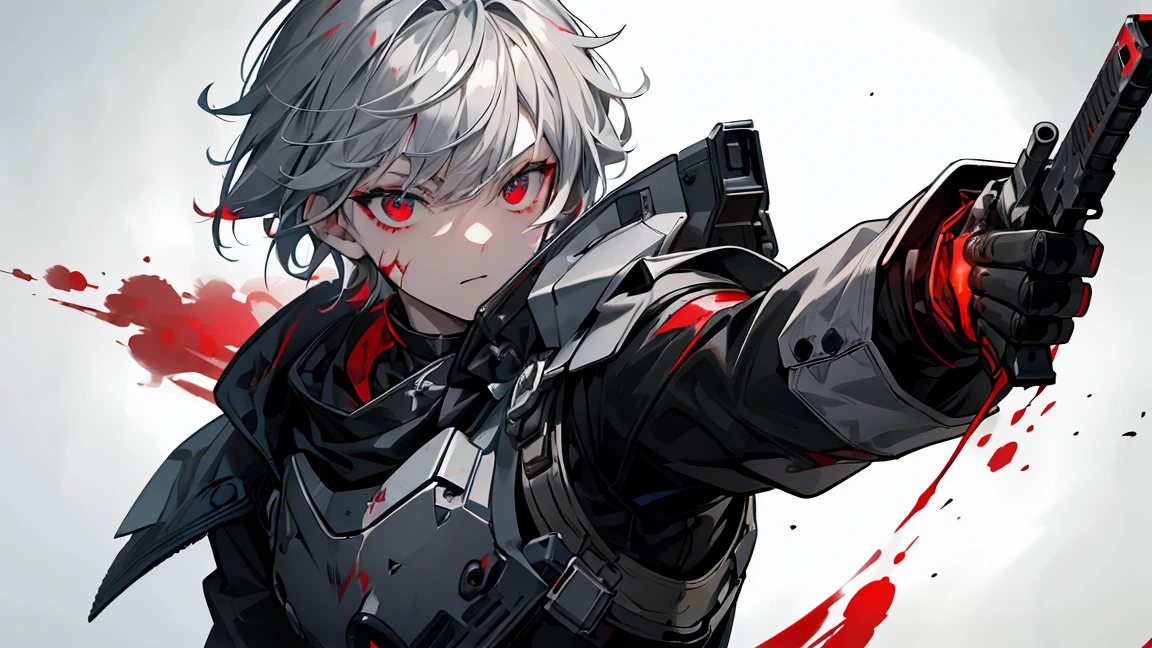 Handgun、((Aim the gun at the camera))、((Upper Body))、((Gray Hair))、((Photograph from the front))、(((((gun))))),((((Pointing the gun this way))))（Covered in blood）、Clothes full of scratches、((Scarred Face))、Red-black eyes、Detailed eyes、Scorched black clothes、((Detailed hands))、high resolution、Detailed picture、Beautiful painting、Cold look、masterpiece, best quality, detailed beautiful face and eyes,detailed beautiful face,and eyes