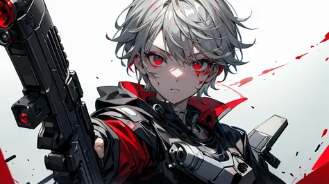 handgun、((aim the gun at the camera))、((upper body))、((gray hair))、((photograph from the front))、(((((gun))))),((((pointing the ...