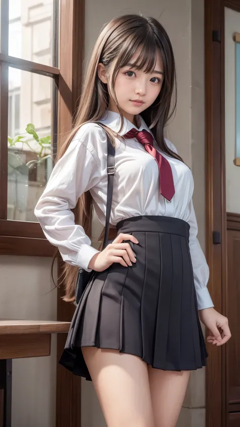 ​masterpiece, top-quality, hight resolution, kr1, brown-eyed, (cute sidebangs), kibito high school uniform, skirt by the, sweate...