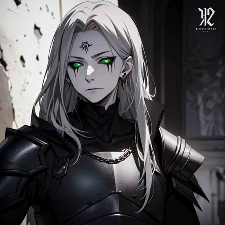 1boy, white boy, white boy, pale skin, ((gray skin)),eighteen years old, white skin, male focus, no wrinkles, (((silver long hair)), 【Feature】Black Sclera, green eyes, earring, wearing armor darkness, skull in armor