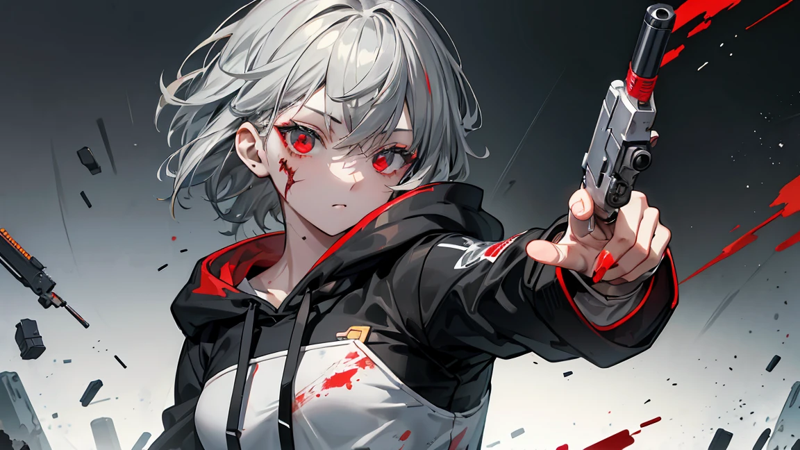 Girl、Handgun、一つのHandgun、((Aim the gun at the camera))、((Upper Body))、((Gray Hair))、((Photograph from the front))、(((((gun))))),((((Pointing the gun this way))))（Covered in blood）、Clothes full of scratches、((Scarred Face))、Red-black eyes、Detailed eyes、Black hoodie、((Detailed hands))、high resolution、Detailed picture、Beautiful painting、Cold look、masterpiece, best quality, detailed beautiful face and eyes,detailed beautiful face,and eyes