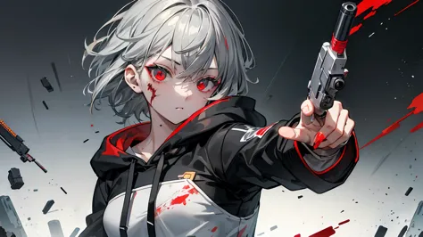 girl、handgun、一つのhandgun、((aim the gun at the camera))、((upper body))、((gray hair))、((photograph from the front))、(((((gun))))),(...