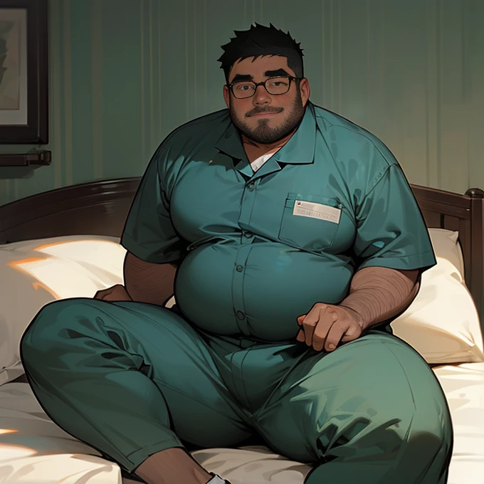 ​masterpiece,top-quality, 8K, Rest area, A fat man laying in bed and spreads his legs in an M shape, Spread legs, nerdy, short legs, Bowleg, Shirtless, wear a wide open coveralls, Factory worker uniform, Shy, Fat Man, Glasses, Black-haired man, Man with big face, Round face, Sweating, out, hard, nsfw, solo, asian,