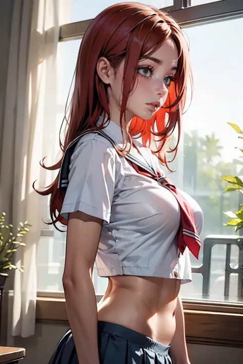 a one woman, long red hair, defined body, overview, short sexy school uniform, posse sexy