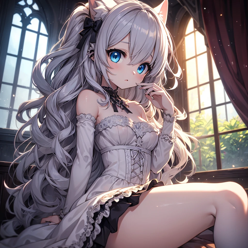 silver hair, dog ears, white dress,wavy hair,delicate features quiet gaze,beautiful half body illustration,beautiful backgraund,atmospheric lighting,sharp focus,vlumetric lighting,cute face,reduce saturation,fine detailed face,small nose and mouth,volumetric top lighting,bold line painting, soft shadow,((masterpiece, best quality)), (1girl), (solo), (female focus),small breasts,flat tits,Lolita,short height,skinny girl,blue eyes,open legs,animal ears,
