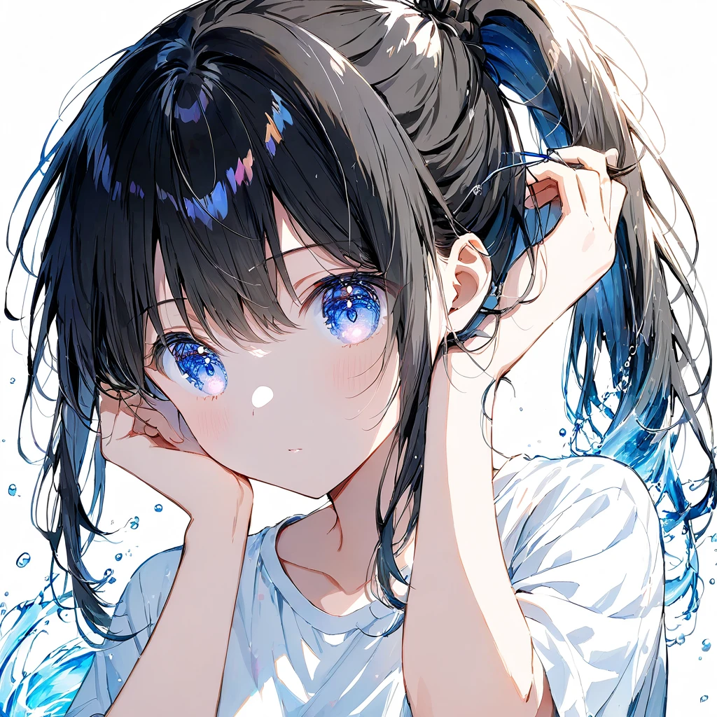 (masterpiece:1.2),(anime),Eyes Shining，Shining Eyes，shine，Light of the Eye，Black Hair，ponytailを括る，Tying up hair，ponytail，Fleeting，Light blue eyes，golden eyes，Background is white，No background，Clothes: White T-shirt，Lighter pigment、Water color