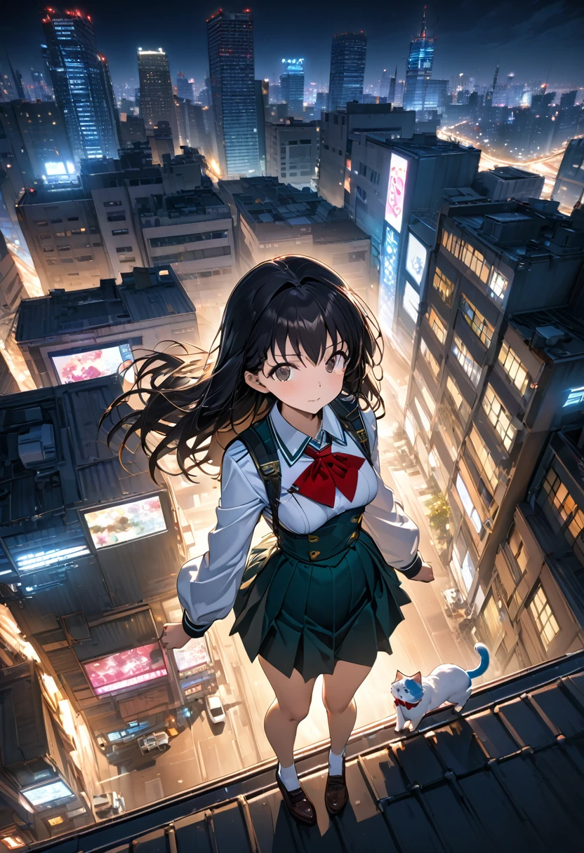 (masterpiece),(Best Quality:1.0), (ultra high resolution:1.0), Detailed illustration, 8k, white girl (with black hair)  wearing uniform, green with white,  She is on the roof of a building looking at the city at night. (Whole body) (full background view), dark brown eyes, long black hair, Next to her is a blue-eyed Ragdoll cat, Kagome Higurashi, 