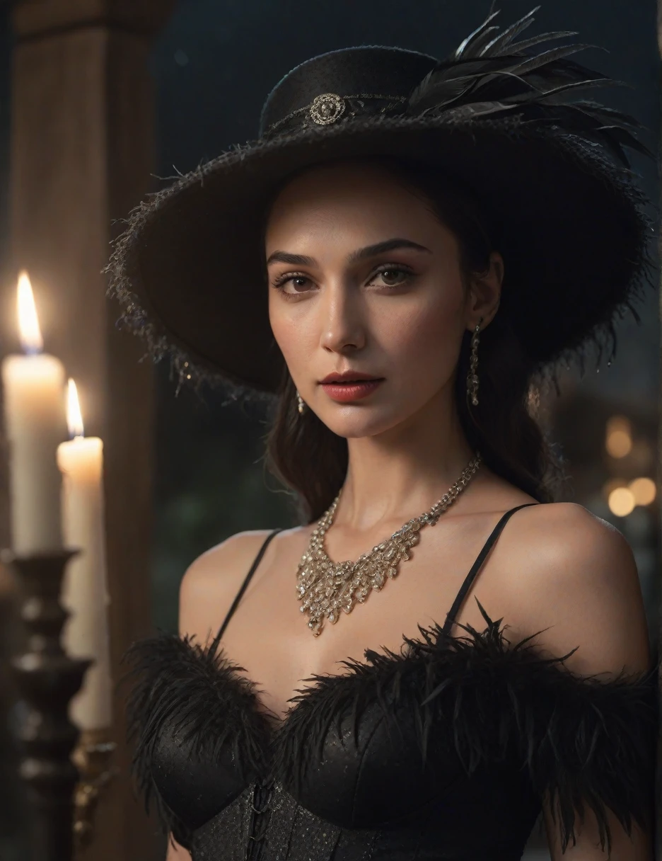 Hiperrealistic cinematic poster of GAL GADOT wearing a gothic vintage dress and a vintage hat adorned with LONG ostrich feathers, The scene is illuminated with tinted lighting CANDLES ON THE CHANEL IN XOCHIMILCO WITH TRAJINERAS, creating a warm and mystical atmosphere. WITH A DAY OF DEAD OFFREND. GAL GADOT has traditional , blending elegance with cultural heritage. Behind her, there is a natural water cHANEL surrounded by natural WOOD, with a bokeh effect in the background. Soft raindrops fall, gently illuminated by GLOW WORM t in the background. The poster has a standard cinematic size of 24x36 inches. Ultra-detailed, 4K resolution." 4k, hyperrealistic, cinematic lighting, vintage fashion, Day of the Dead, Catrina makeup, orange lighting, bokeh