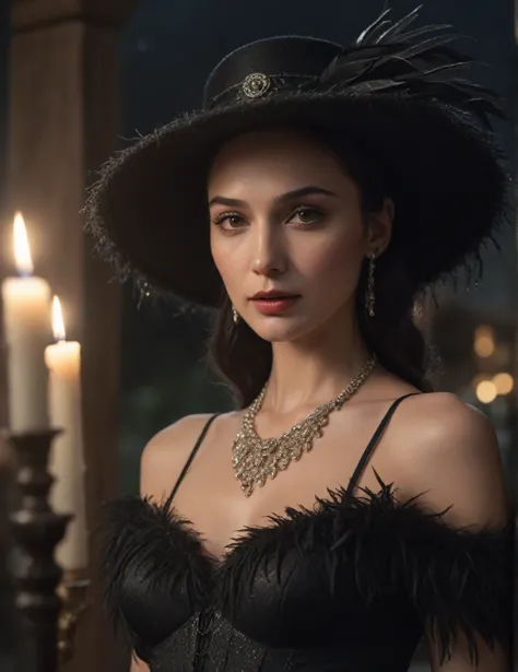 hiperrealistic cinematic poster of gal gadot wearing a gothic vintage dress and a vintage hat adorned with long ostrich feathers...